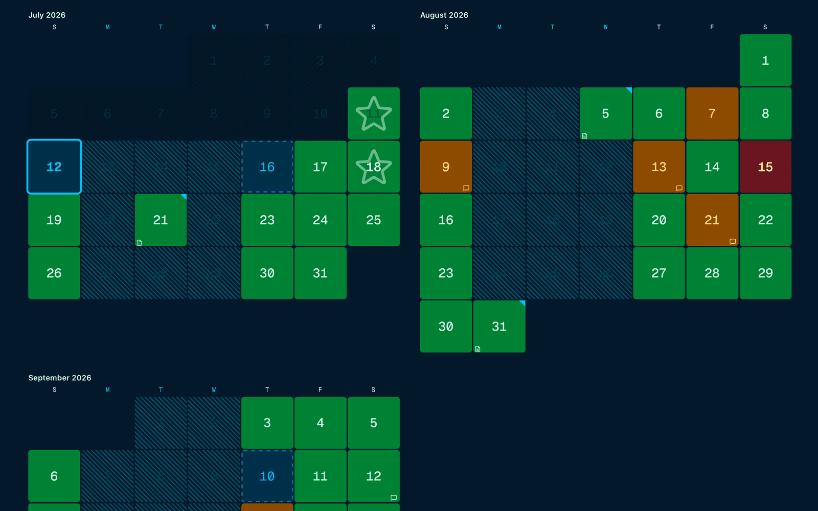Availability calendar showing players' available, maybe, and unavailable dates