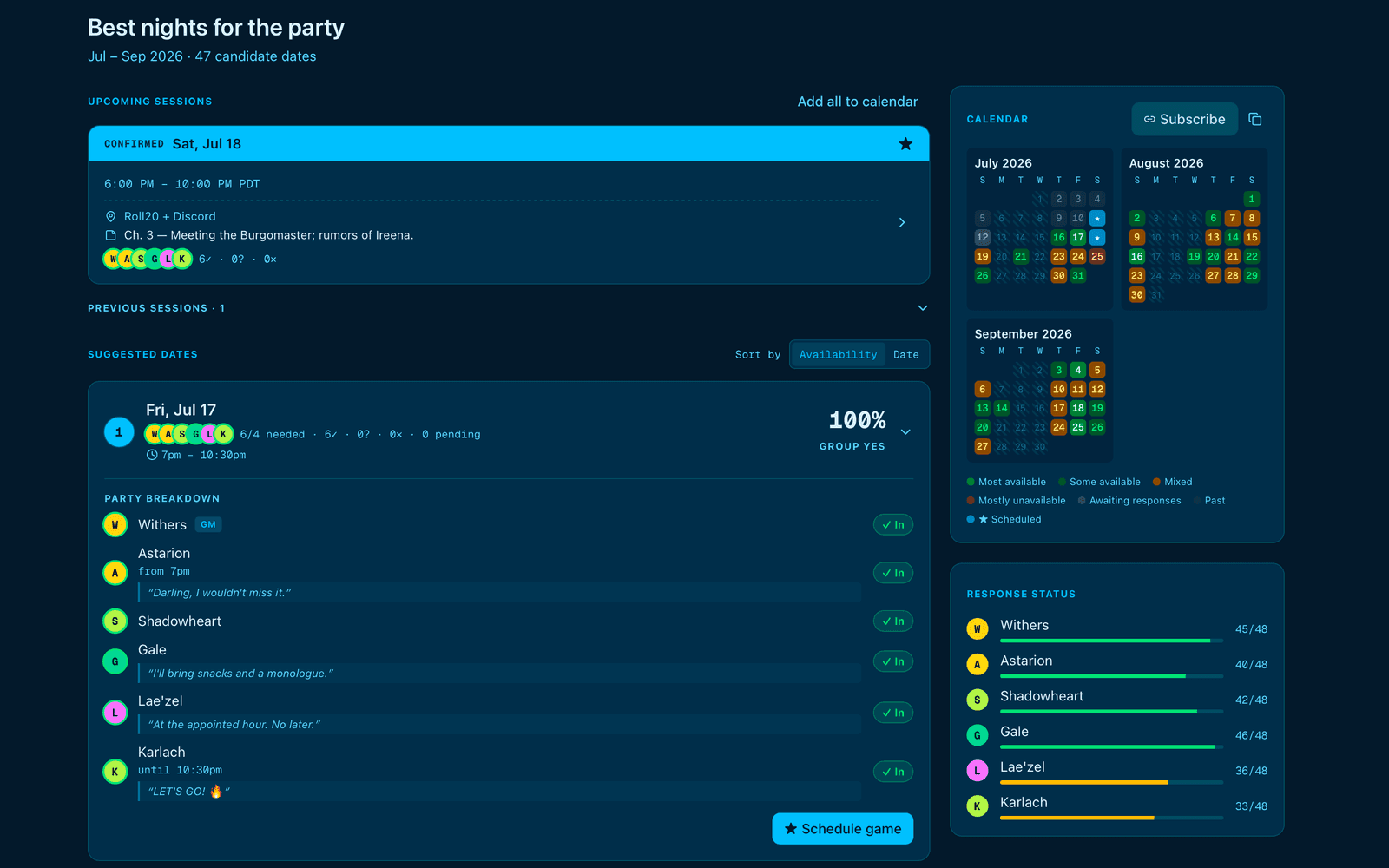 Scheduling suggestions ranking dates by availability, with a confirmed session